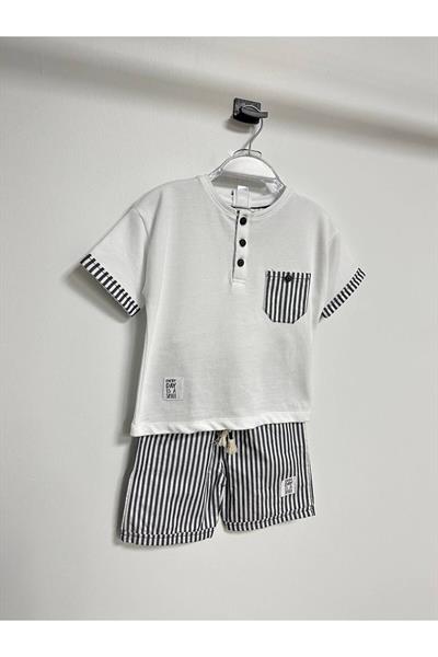 Çizgili Şort Tshirt Takım Beyaz Lacivert