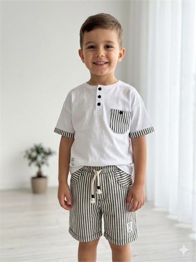 Çizgili Şort Tshirt Takım Beyaz Lacivert
