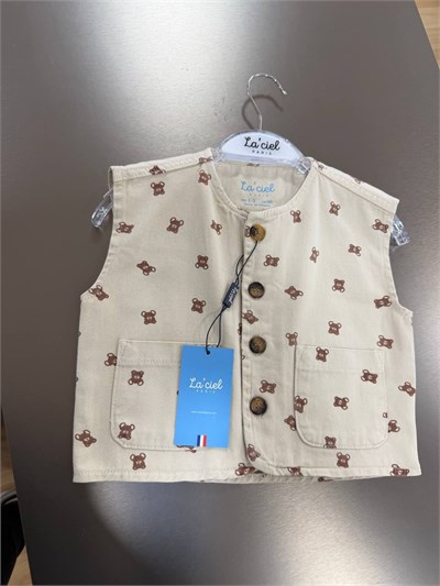 Erkek Çocuk Ayıcık Desenli Yelekli 3lü Takım Krem – Bisiklet Yaka T-Shirt ve Balon Jean Pantolon Kombin