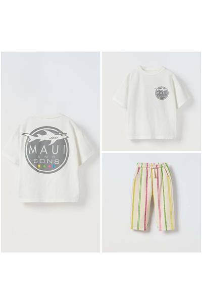 Erkek Çocuk Çizgili Beyaz Köpek Balığı Desenli Pamuklu T-Shirt Gofre Pantolon Alt-Üst Takım Beyaz