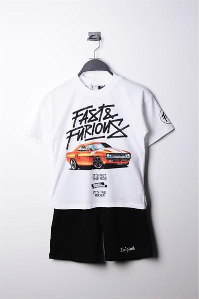 Erkek Çocuk Fast & Furious Baskılı Çocuk Şort Tişört Alt Üst Takım Beyaz