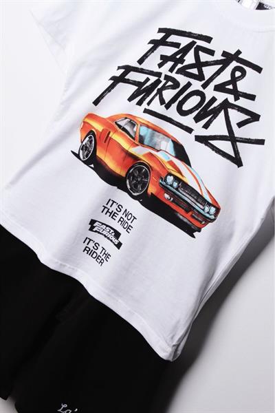 Erkek Çocuk Fast & Furious Baskılı Çocuk Şort Tişört Alt Üst Takım Beyaz