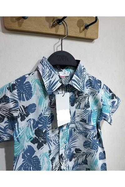 Erkek Çocuk Hawaii Desenli Kısa Kollu Yazlık Dokuma Gömlek Mavi