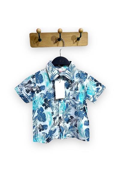Erkek Çocuk Hawaii Desenli Kısa Kollu Yazlık Dokuma Gömlek Mavi