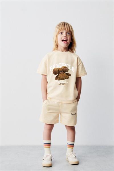 Erkek Çocuk Kahve Teddy Ayıcık Desenli Pamuklu T-Shirt Şort Alt-Üst Takım Kahve