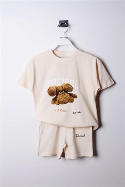 Erkek Çocuk Kahve Teddy Ayıcık Desenli Pamuklu T-Shirt Şort Alt-Üst Takım Kahve