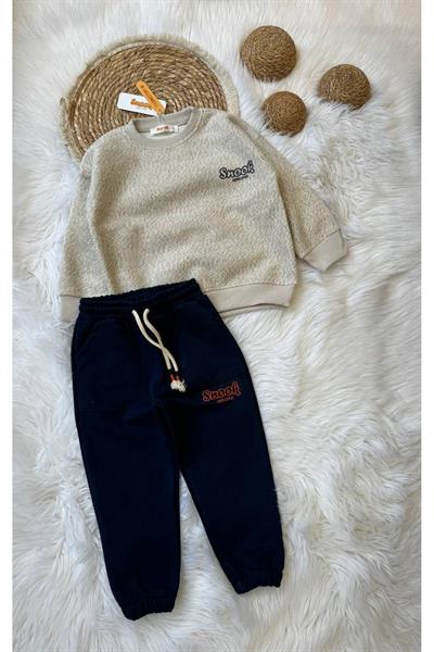 Erkek Çocuk Pelüş Sweat Eşofman Alt Takım Krem