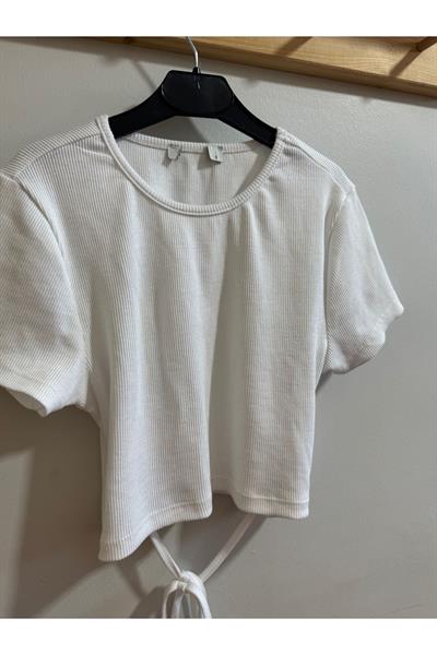 Kadın T-Shirt Fitilli İp Detaylı Beyaz