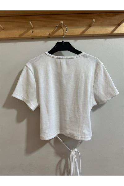 Kadın T-Shirt Fitilli İp Detaylı Beyaz