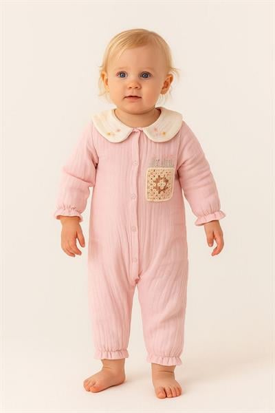 Kız Bebek Müslin Meksika İşlemeli Tulum Pembe
