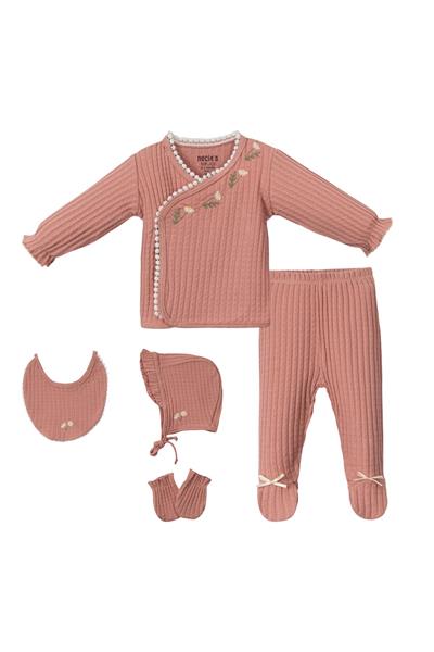 Kız Bebek Papatya İşlemeli Hastane Çıkısı 5Li Set Pembe