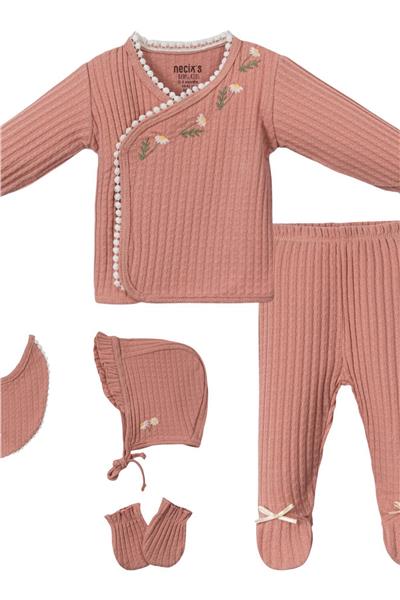 Kız Bebek Papatya İşlemeli Hastane Çıkısı 5Li Set Pembe