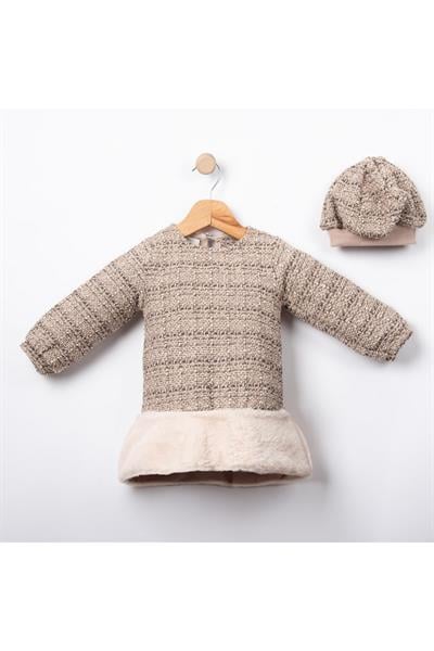 Kız Bebek Paris Şapkalı Çoraplı Elbise Kahverengi