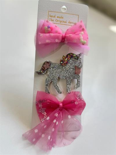Kız Çocuk 3 lü Unicorn Klips Toka Fuşya