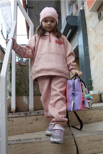 Kız Çocuk Dik Yaka 3 İplik Kalın Alt-Üst Takım Pembe