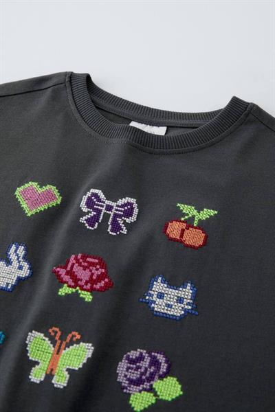 Kız Çocuk İşleme Detaylı T-Shirt Antrasit