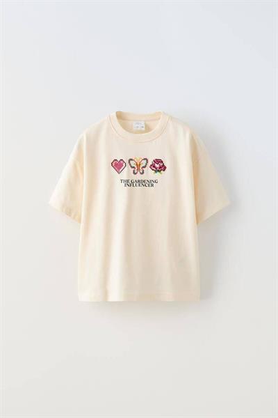 Kız Çocuk İşleme Detaylı T-Shirt Krem