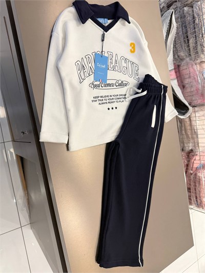 Kız Çocuk Lacivert Yaka Detaylı Paris Baskılı Sweatshirt Ve Şeritli Eşofman Altı Takım