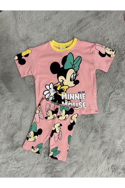 Kız Çocuk Minnie Mouse Baskılı Ve Tayt Şortlu Alt Üst Takım Şeker Pembe