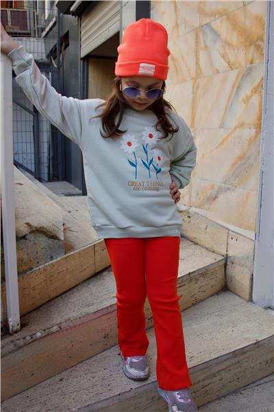 Kız Çocuk Papatya Desenli Sweatshirt-Fitilli İspanyol Paça Tayt Takım Narçiçeği