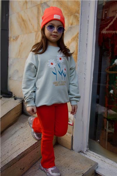 Kız Çocuk Papatya Desenli Sweatshirt-Fitilli İspanyol Paça Tayt Takım Narçiçeği