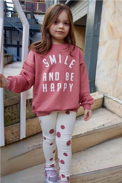 Kız Çocuk Smile And Be Happy Yazılı Sweatshirt-Benekli Şardonlu Tayt Alt-Üst Takım Pembe