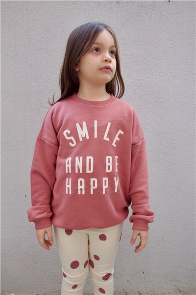 Kız Çocuk Smile And Be Happy Yazılı Sweatshirt-Benekli Şardonlu Tayt Alt-Üst Takım Pembe
