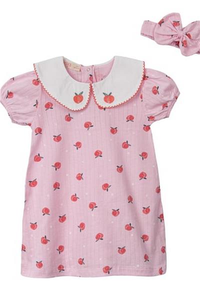 Kız Çocuk Yeni Sezon Elma Desenli Bandanalı Elbise 2Li Pembe
