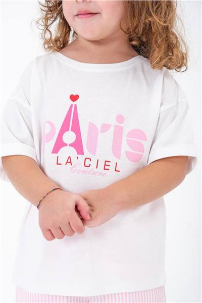 Kız Çocuk Yeni Sezon LaciEl Paris Sloganlı Dokuma Çizgili Şortlu Alt-Üst Takım Pembe