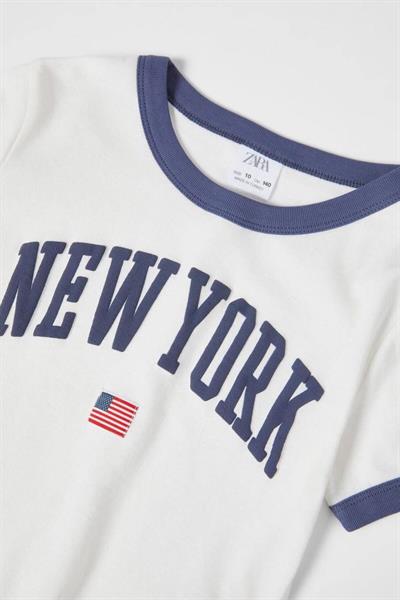 New York Yazılı Crop Tshirt Beyaz