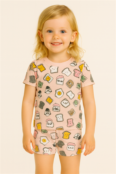 Nordstrom Funny Toast Baskılı Pamuklu Kısa Kollu Şortlu Çocuk Pijama Takımı Somon
