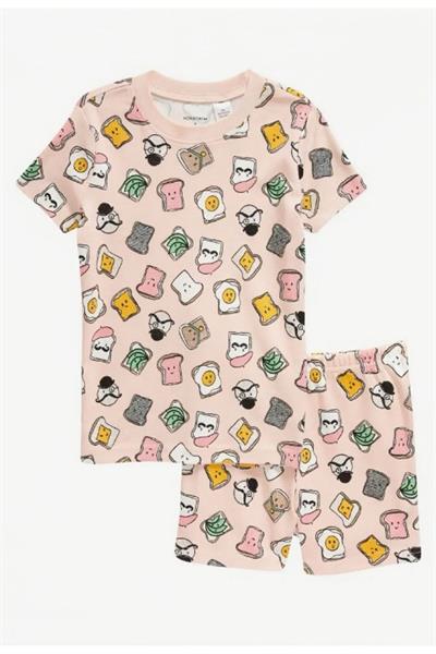 Nordstrom Funny Toast Baskılı Pamuklu Kısa Kollu Şortlu Çocuk Pijama Takımı Somon