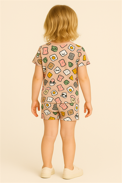 Nordstrom Funny Toast Baskılı Pamuklu Kısa Kollu Şortlu Çocuk Pijama Takımı Somon