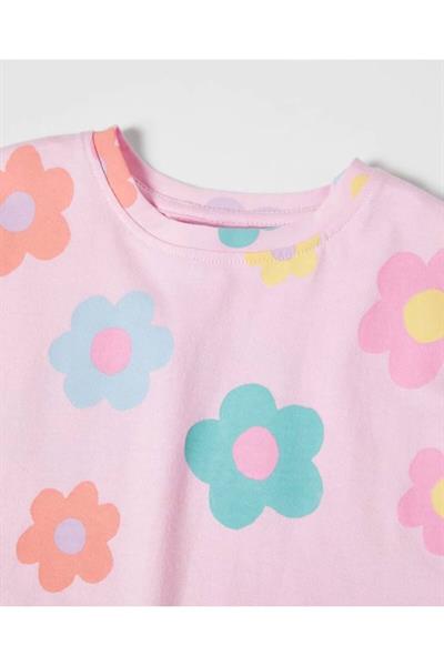Pembe Çiçekli Tshirt Şort Takım Pembe