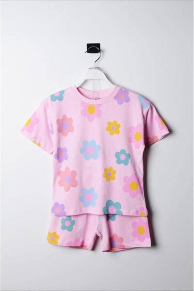 Pembe Çiçekli Tshirt Şort Takım Pembe