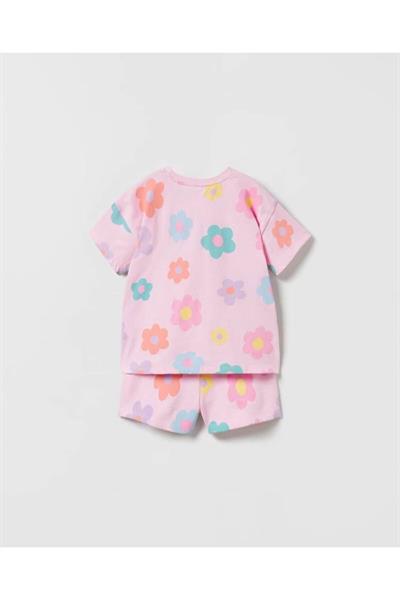 Pembe Çiçekli Tshirt Şort Takım Pembe