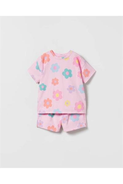 Pembe Çiçekli Tshirt Şort Takım Pembe