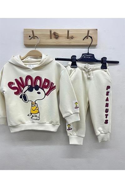 Snoopy Peanuts Baskılı Kapüşonlu Çocuk Alt Üst Eşofman Takım Ekru