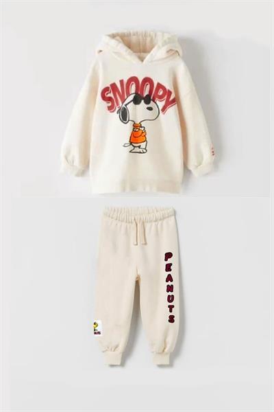 Snoopy Peanuts Baskılı Kapüşonlu Çocuk Alt Üst Eşofman Takım Ekru