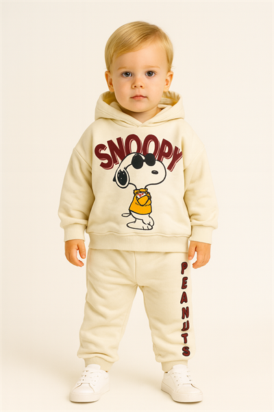 Snoopy Peanuts Baskılı Kapüşonlu Çocuk Alt Üst Eşofman Takım Ekru