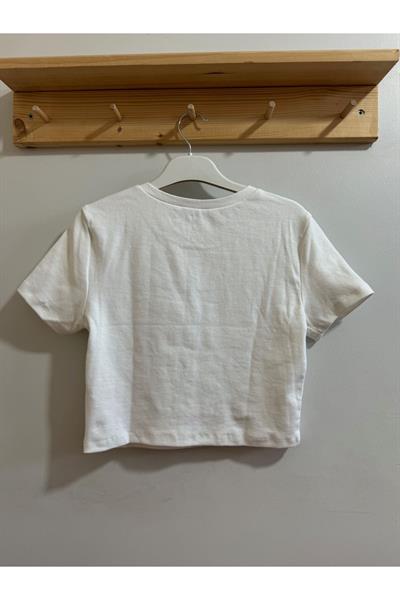 T-Shirt Baskılı Crop Beyaz
