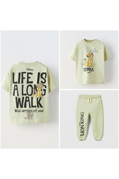 Unisex Çocuk Yeşil Lion Aslan Kral Desenli Pamuklu Oversize T-Shirt Eşofman Alt-Üst Takım Yeşil
