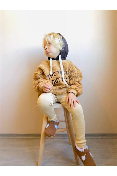 Unisex Pelüş Sweatshirt Kapüşonlü Kahverengi