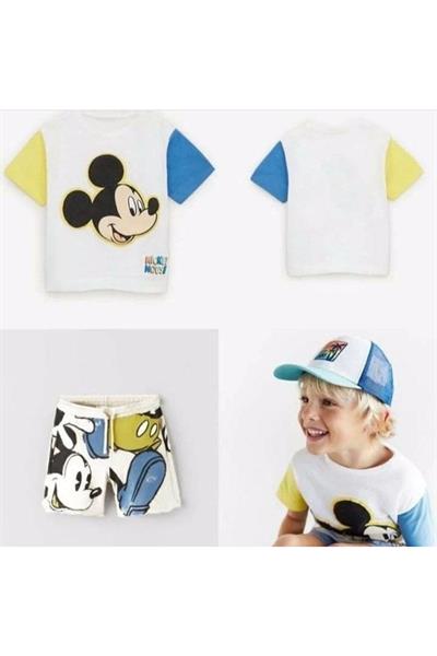 Yeni Sezon Erkek Çocuk Çok Renkli Mickey Mouse Baskılı Yazlık Alt-Üst Şortlu Takım Çok Renkli