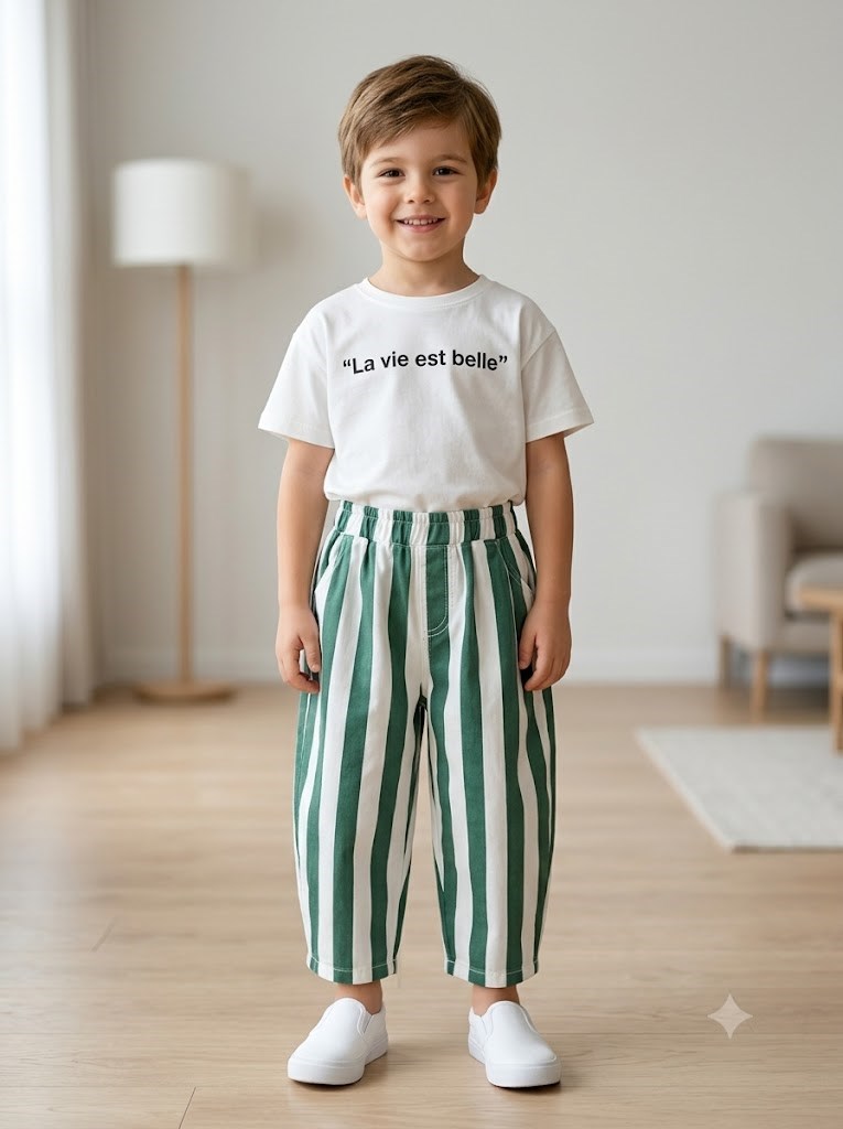 Erkek Çocuk Çizgili Denim Pantolon Kombini - Dikey Çizgili Balon Fit Pantolon ve Bisiklet Yaka Pamuklu Tişört Alt Üst Takım