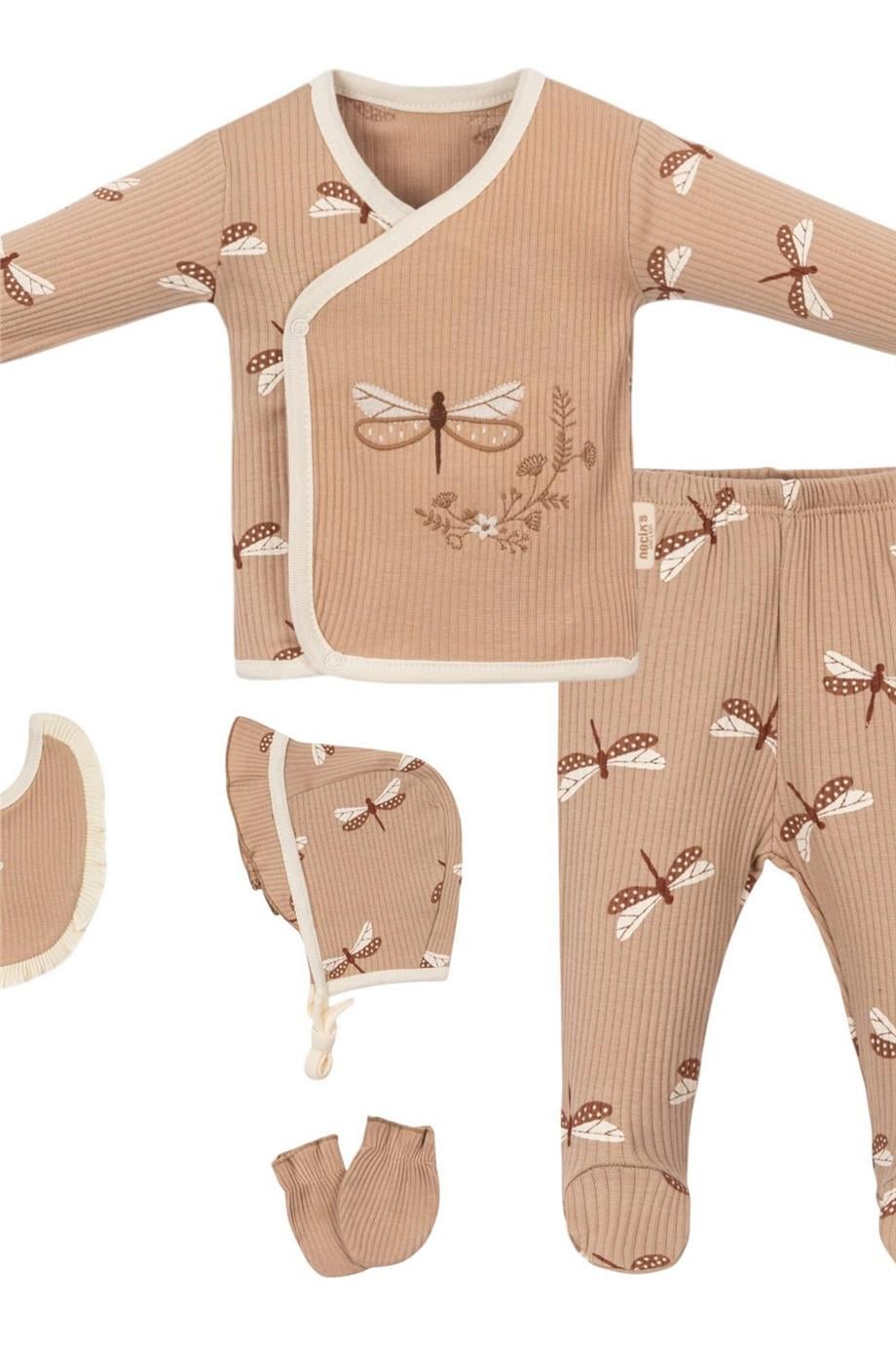 Kız Bebek Butterfly Hastane Çıkışı Beşli Set Kahverengi