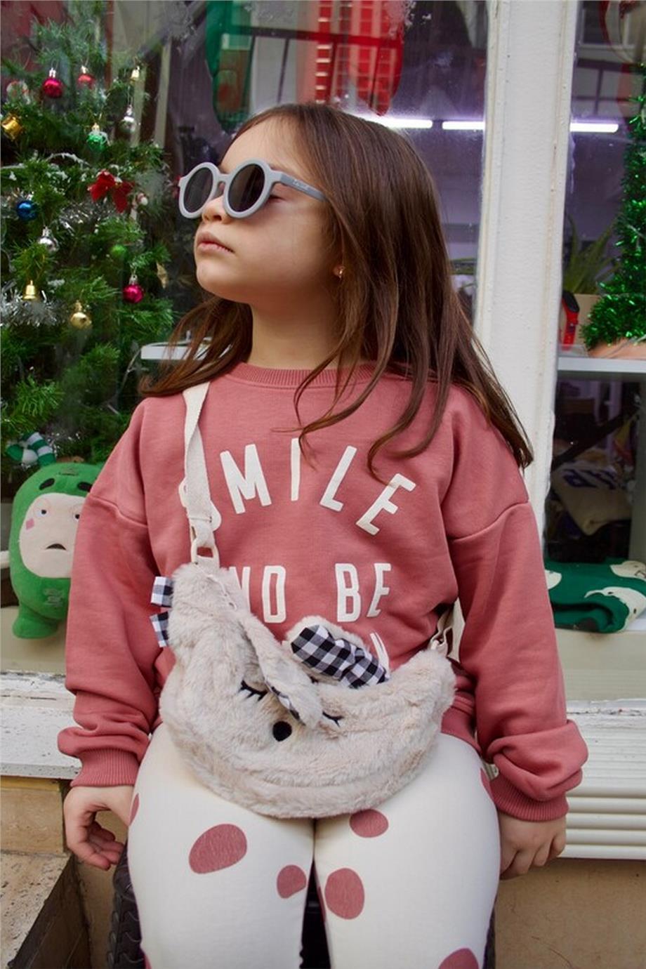 Kız Çocuk Smile And Be Happy Yazılı Sweatshirt-Benekli Şardonlu Tayt Alt-Üst Takım Pembe