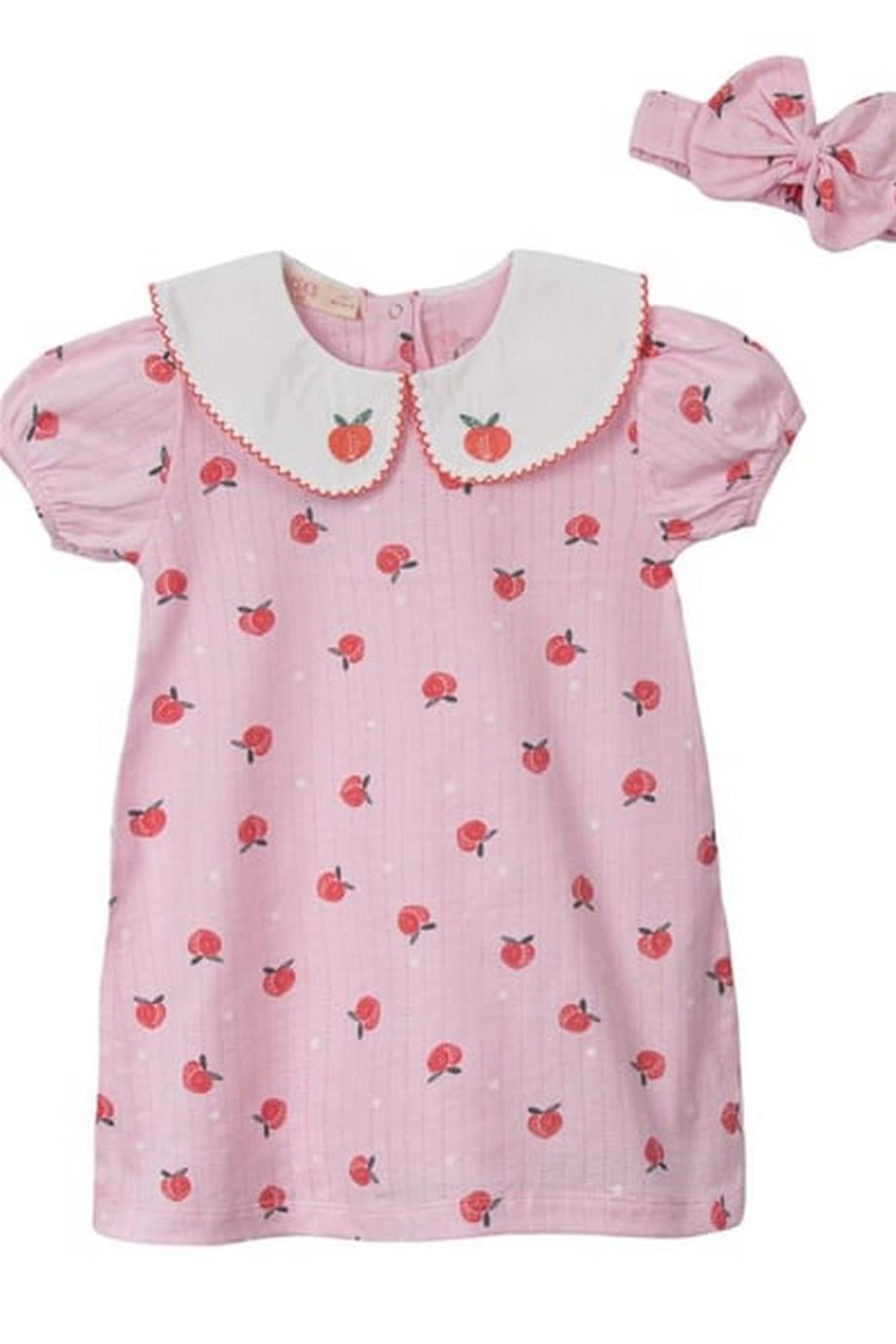 Kız Çocuk Yeni Sezon Elma Desenli Bandanalı Elbise 2Li Pembe