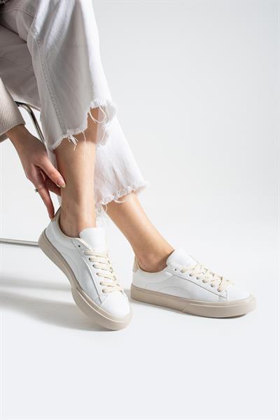 LENA Beyaz-Bej Suni Deri Kadın Sneakers