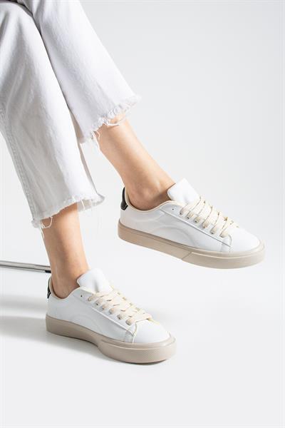 LENA Beyaz-Siyah Suni Deri Kadın Sneakers